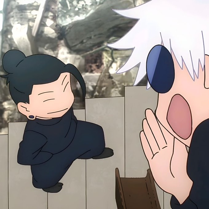 An anime-style illustration of two characters in black outfits; one with white hair appears shocked, while the other with black hair in a bun smiles with closed eyes.
