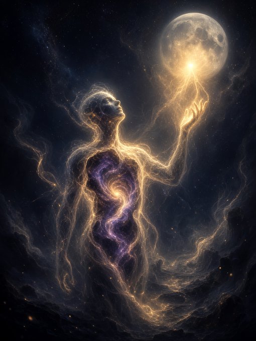 Digital fantasy artwork of a glowing humanoid figure composed of ethereal light reaching toward a luminous moon.