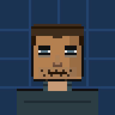 A pixel art portrait of a man with brown skin, short dark hair, a goatee, and half-lidded eyes, set against a blue checkered background.
