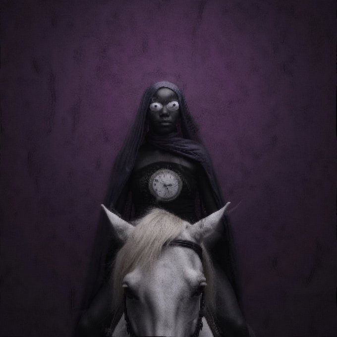 A dark, gothic artwork of a hooded figure with wide eyes and a clock on their chest, standing behind a pale horse against a purple tiled background.