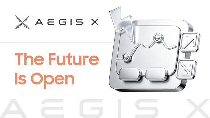 The image features the "AEGIS X" logo alongside a stylized 3D icon depicting connected nodes and data flow, paired with the tagline "The Future Is Open"—visually reinforcing the post's message about open networks, collaboration, and innovation within the Web3 ecosystem.