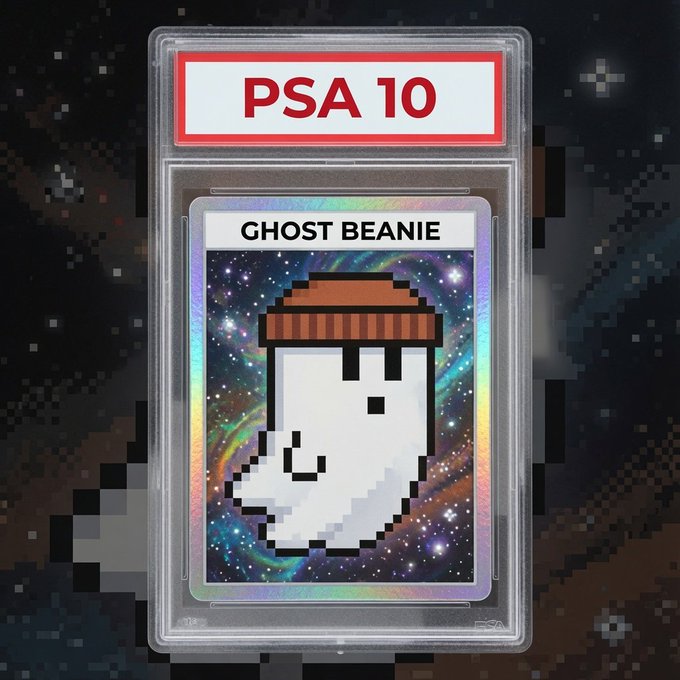 The image shows a pixel art "Ghost Beanie" trading card sealed in a PSA 10 graded slab with a cosmic galaxy background. The post playfully pairs this rare meme collectible with the choice between "touching grass or doubling down," suggesting the card represents doubling down on internet culture rather than logging off.