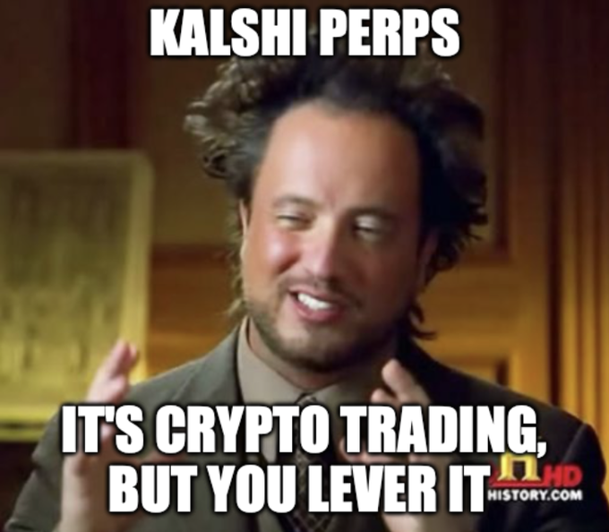 A meme featuring the "Ancient Aliens" guy with text reading "KALSHI PERPS" at the top and "IT'S CRYPTO TRADING, BUT YOU LEVER IT" at the bottom, promoting Kalshi's new leveraged crypto trading platform with a $25 bonus offer.