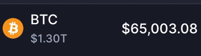 A cryptocurrency price display showing Bitcoin (BTC) at $65,003.08 with a market cap of $1.30T against a dark background.