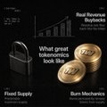 A dark promotional graphic for a crypto project titled "What great tokenomics look like," featuring four quadrants: "Real Revenue Buybacks" with an upward bar chart, a padlock icon representing "Fixed Supply," stacks of gold coins labeled "Burn Mechanics," and the $1WIN ticker. The image visually reinforces the post's optimism about 1win's token design, highlighting its revenue-backed buybacks, capped supply, and burn mechanisms as the foundation of its tokenomics ahead of the $1WIN launch.