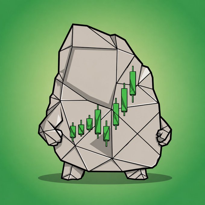 A low-poly, geometric cartoon stone character with green candlestick chart patterns drawn on its chest, standing against a green gradient background.