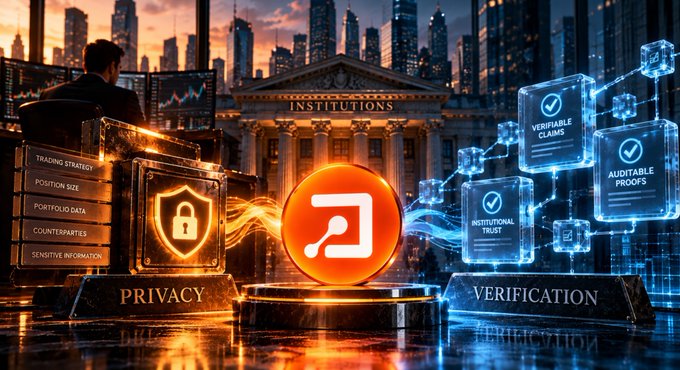 A digital illustration depicting 'INSTITUTIONS' with a central coin surrounded by 'VERIFIABLE CLAIMS', 'AUDITABLE PROOFS', and 'INSTITUTIONAL TRUST' connected by chains, alongside a 'PRIVACY' vault labeled with 'TRADING STRATEGY', 'POSITION SIZE', 'PORTFOLIO DATA', 'COUNTERPARTIES', and 'SENSITIVE INFORMATION'.