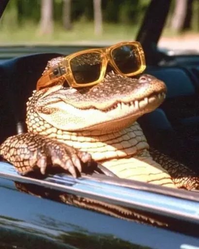 Humorous image of an alligator wearing oversized sunglasses while leaning out of a car window.