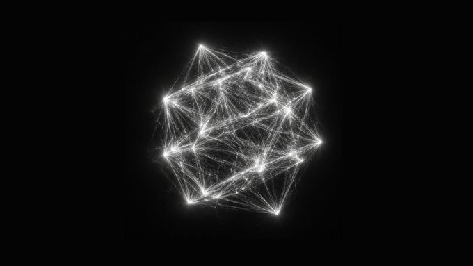 A glowing white wireframe polyhedron on a black background.