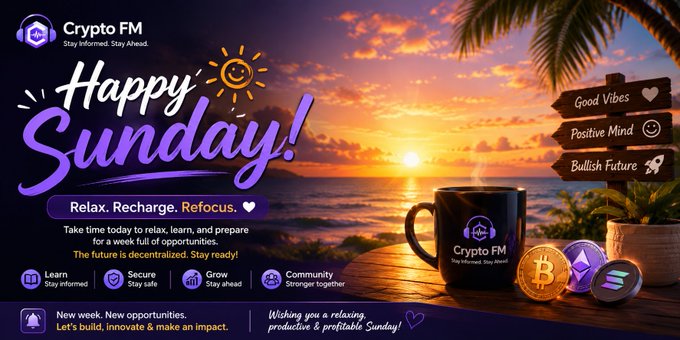 A 'Crypto FM' 'Happy Sunday' greeting graphic set against a sunset beach scene with a branded coffee mug and Bitcoin, Ethereum, and Solana coins, featuring the text 'Relax. Recharge. Refocus.' and tagline 'Stay informed. Stay Ahead.'