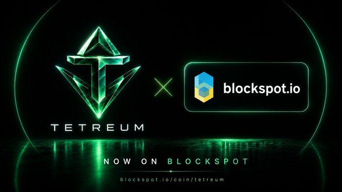 Promotional graphic announcing a partnership between TETREUM (featuring a green crystalline logo) and blockspot.io, with text reading "NOW ON BLOCKSPOT" and "blockspot.io/coin/tetreum."