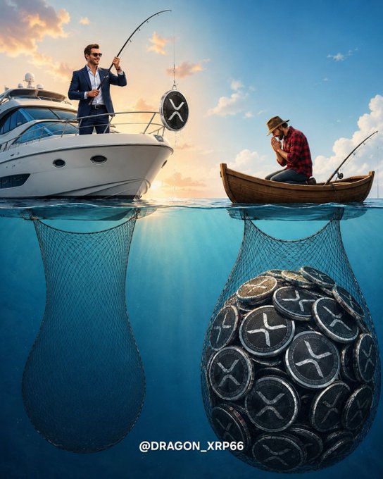 A satirical illustration contrasting a wealthy man on a yacht fishing for an "X" coin with a man in a small boat catching a net full of "X" coins, credited to "@DRAGON_XRP66".
