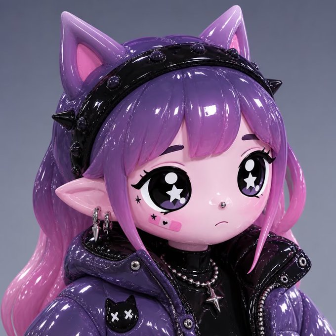 A 3D-rendered character with purple and pink gradient hair, cat ears, a spiked headband, starry eyes, and a purple puffer jacket with a black cat patch.