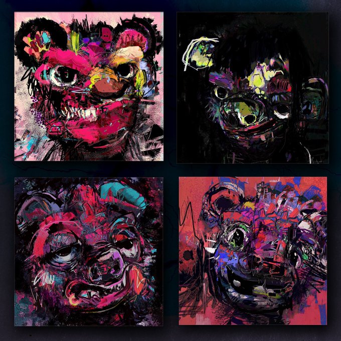 A 2x2 gallery of vivid, neo-expressionist portraits depicting distorted, darkly colored faces and figures with abstract brushwork.