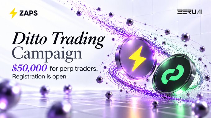 Caption: A promotional banner for "Ditto Trading Campaign" by ZAPS and ZERUAI, offering "$50,000 for perp traders," featuring purple and green coin logos.