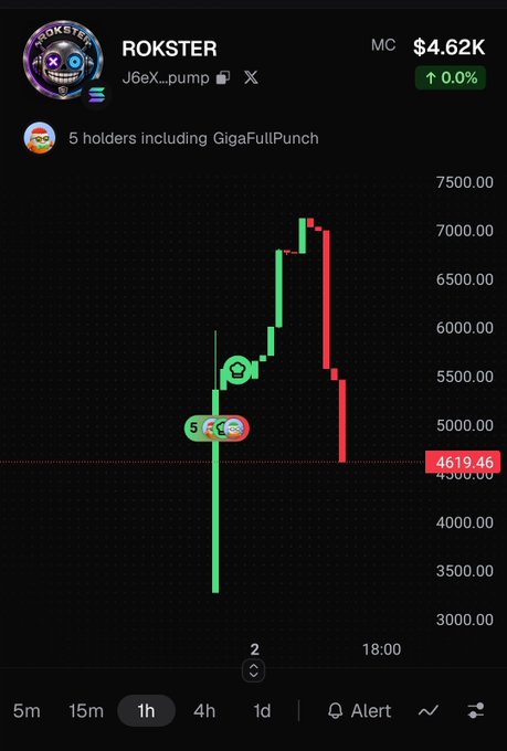 A trading chart displays the ROKSTER token (contract J6eX...pump) with a market cap of $4.62K, showing a candlestick price action with 5 holders including GigaFullPunch.