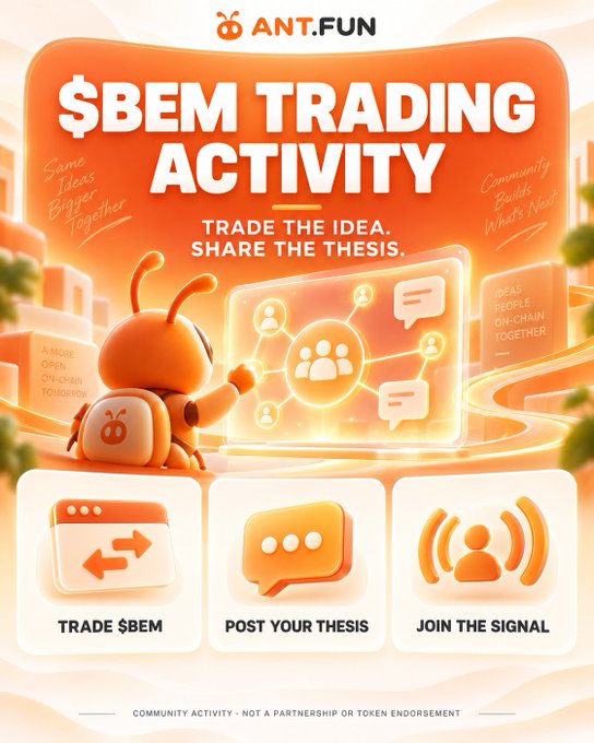 A vibrant orange promotional graphic for ANT.FUN's "$BEM TRADING ACTIVITY" featuring an ant mascot and tagline "Trade the Idea. Share the Thesis," with three call-to-action buttons labeled "Trade $BEM," "Post Your Thesis," and "Join the Signal." The image directly supports the post's call for $BEM traders to share their trades and insights in the ANT.FUN community, with a disclaimer noting it's a community activity and not a partnership or token endorsement.