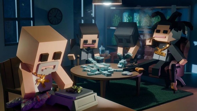 A Minecraft-style animation shows three blocky characters—a suited businessman, a grim reaper, and a gold-chain-wearing gangster—counting stacks of cash around a table, symbolizing wealth and hype. The scene visually captures the speculative momentum and viral attention driving the $BRICK token, as highlighted by Justin Waldron's recent social engagement.