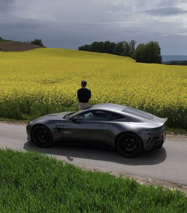 A sleek gray Aston Martin sports car is parked on a rural road beside a vibrant yellow canola/rape seed field, with a person standing nearby looking at the view.