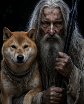 A digital artwork showing an older man with long white hair and a beard holding a staff, accompanied by a Shiba Inu dog.