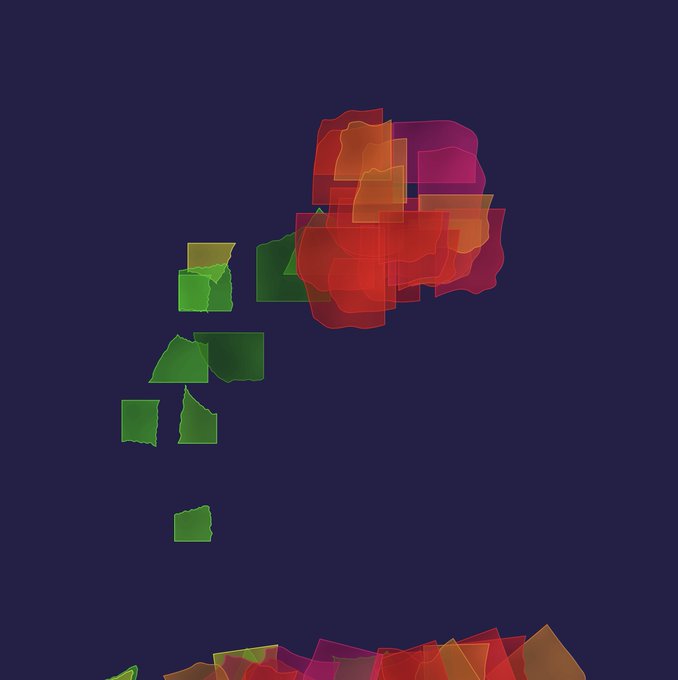 An abstract digital artwork featuring translucent, overlapping shapes in green, orange, red, and magenta scattered against a dark blue background.