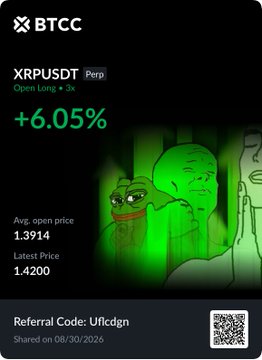 A mobile app screenshot from BTCC showing a long position on XRPUSDT with +6.05% gain, avg. open price 1.3914, latest price 1.4200, and a green Pepe the Frog image, dated 08/30/2026.