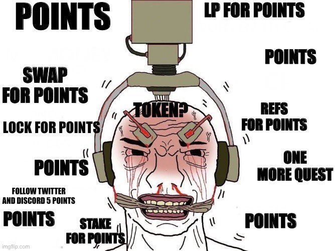 A rage comic meme features a distressed face wearing a metal clamp on its head labeled "TOKEN?," with various activity options like "SWAP FOR POINTS," "LP FOR POINTS," "STAKE FOR POINTS," and "FOLLOW TWITTER AND DISCORD 5 POINTS" written around it.