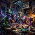 Fantasy illustration depicting a tavern scene with various anthropomorphic and colorful creature patrons sitting around wooden tables, with a steaming bowl of food in the foreground.