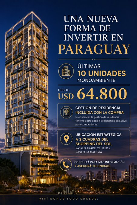 The image features an advertisement for a luxury condominium development called Una Nueva Forma De Invertir En Paraguay, which is located in Paraguay. The building itself is tall and beautifully lit up at night against the dark sky. It boasts balconies on each floor and a large courtyard in front of it.

The poster highlights the benefits of purchasing a unit from this development - it's a 10% upfront payment option with fees for real estate agents, transfer fees, and other expenses. The cost of living is also affordable as indicated by the post about Paraguay itself. This attractive promotion encourages people to consider investing in this property in Paraguay, making it an appealing option for potential buyers who are looking to off ramp or have assets they'd like to invest in.