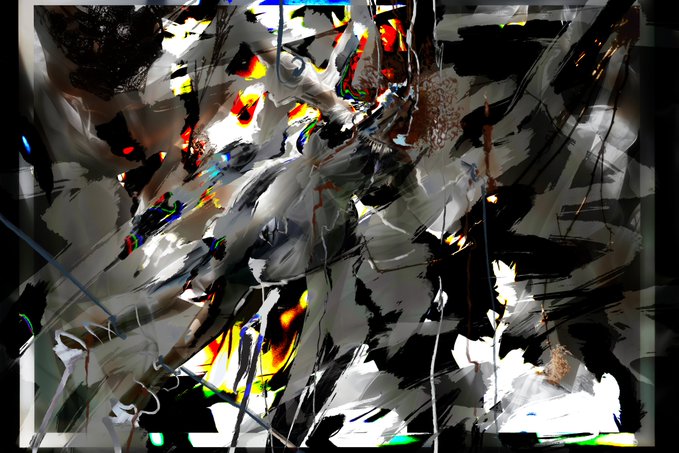 An abstract mixed-media artwork or digital distortion effect with chaotic black, white, gray, and colorful paint-like splashes and streaks.