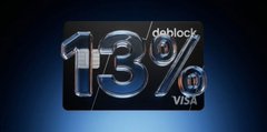 The image shows a stylized vertical graphic featuring blurred, mirrored text on a dark blue background, with the partial words "FROG" and "ROOM" faintly visible in the distortion. This abstract, futuristic visual emphasizes the post's striking statistic that Deblock processes over 13% of the global crypto card volume—more than 1 in every 8 dollars spent worldwide—lending a sense of scale and momentum to the claim.