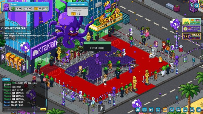 A pixel-art style virtual red carpet event hosted by 'Kraken' featuring a giant purple octopus and attendees holding 'POKER' bags, with chat messages and customization options visible at the bottom.