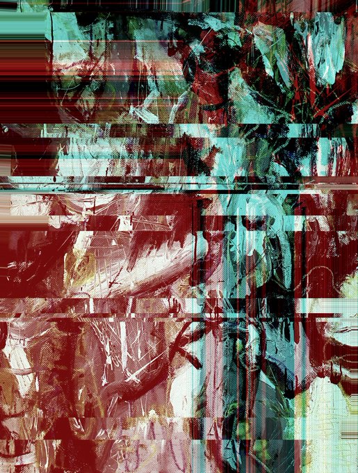 A piece of abstract, glitch-style digital art featuring heavy texture, layered brushstrokes, and dominant colors of dark red, teal, and white.