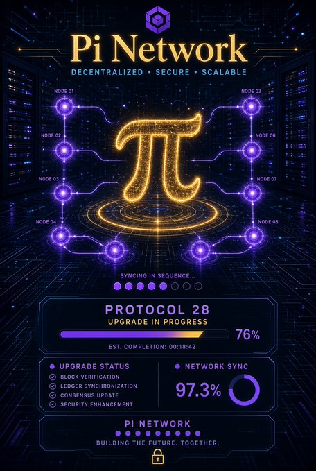 A futuristic graphic featuring a glowing golden Pi symbol connected to a network of nodes, with text reading 'Pi Network', 'DECENTRALIZED • SECURE • SCALABLE', 'PROTOCOL 28 UPGRADE IN PROGRESS', '76%', and 'NETWORK SYNC 97.3%'.