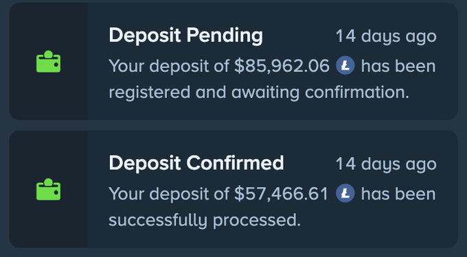 The image shows two cryptocurrency transaction notifications on Stake: a pending deposit of $85,962.06 and a confirmed deposit of $57,466.61, both from 14 days ago. These notifications illustrate the types of substantial crypto deposits referenced in the post about Stake's gambling platform features, highlighting the large sums users are wagering to compete for the $150,000 in leaderboard prizes and bonus rewards mentioned.