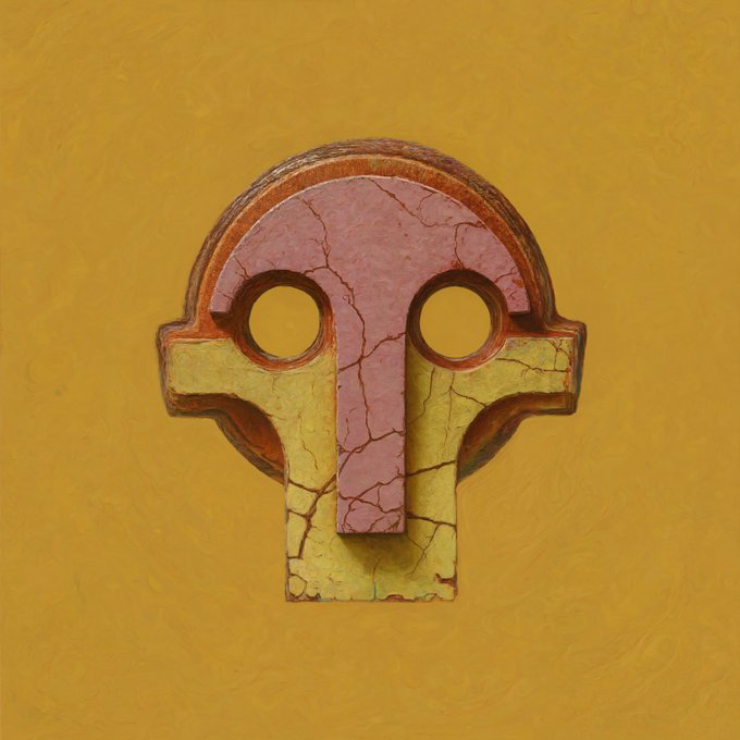 The image features a painting that depicts an abstract representation of a mask with a face made up of two circles connected by a line. The mask appears to be made out of wood, giving it a rustic appearance. The painting is displayed on a yellow background, which contrasts nicely with the wooden elements and makes the colors pop. The artist's signature can also be seen in the bottom right corner of the image.
