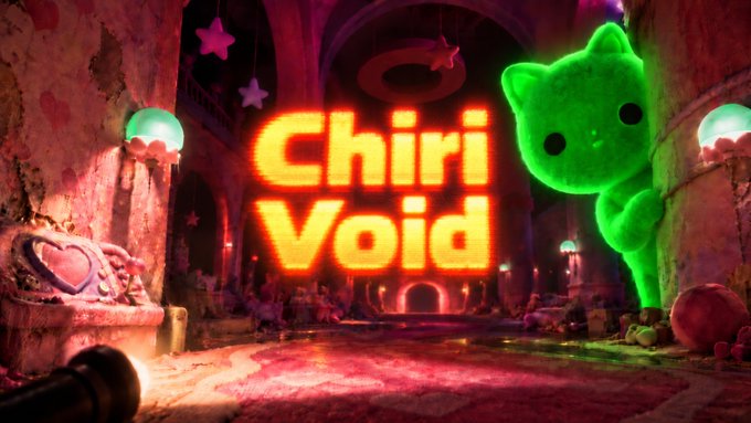 The title screen for a video or show called 'Chiri Void' in glowing orange text, set in a whimsical, dimly lit pink room with a glowing green cat-like character floating on the right.