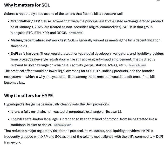 The image displays a detailed breakdown explaining why the proposed Clarity Act benefits SOL (Solana) and HYPE (Hyperliquid), citing SOL's classification under the ETP clause alongside BTC, ETH, XRP, and DOGE, its decentralized network standing, and DeFi safe-harbor protections, while HYPE's fully on-chain non-custodial perps exchange on its own L1 aligns with the bill's non-broker/non-dealer language. The text supports the post's claim by outlining the regulatory tailwinds that could drive price action for SOL and HYPE over the coming weeks.