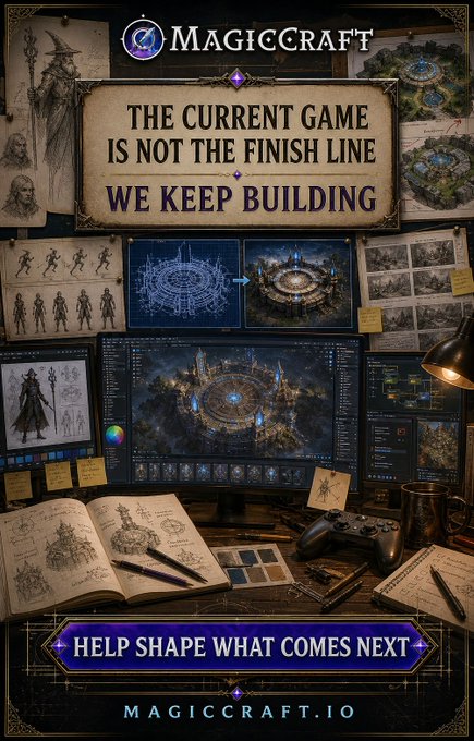 A promotional poster for MagicCraft featuring the text 'THE CURRENT GAME IS NOT THE FINISH LINE WE KEEP BUILDING' and 'HELP SHAPE WHAT COMES NEXT' at the bottom with 'MAGICCRAFT.IO'. The image shows a desk setup with character designs, game development screens, and a notebook.