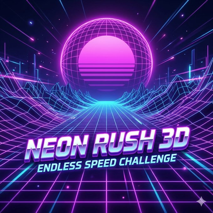 A vibrant retro-futuristic graphic featuring a glowing pink and purple neon sun over a wireframe grid landscape, with the text "NEON RUSH 3D — ENDLESS SPEED CHALLENGE." This synthwave aesthetic visually represents the studio's 3D rendering capabilities and endless scaling potential of their decentralized GPU cloud infrastructure.