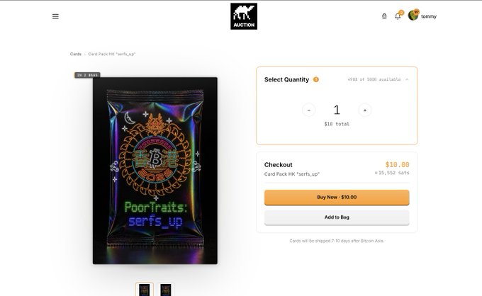 A product page for "Card Pack HK 'serfs_up'" priced at $10.00 on what appears to be the Bitcoin Asia Auction site, featuring a holographic/hologram pack design with "PoorTraits: serfs_up" text, aligning with the post promoting these Bitcoin Asia collectible packs available without attending the conference.