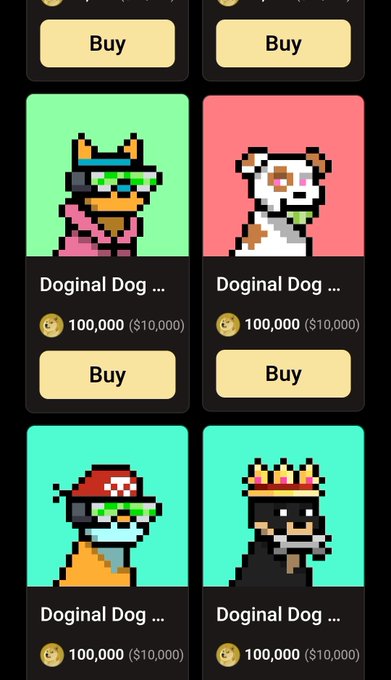 The image shows a collection of four different dog characters, each with their own unique appearance and accessories, displayed for sale as collectible items. The dogs are positioned at various angles within the frame, showcasing their distinct features and designs. The text "Doginal Dogs" is written in white letters above the dogs, indicating that these items are part of a collection or series dedicated to Doginal Dogs.