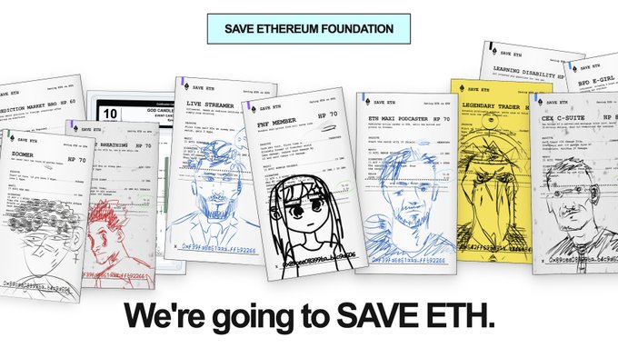 A satirical graphic titled 'SAVE ETHEREUM FOUNDATION' with hand-drawn character profile cards (LYNX, FNF MEMBER, ETH MAXI PODCASTER, LEGENDARY TRADER, CRX C-GIRL, ZOOMER) and the text 'We're going to SAVE ETH.'