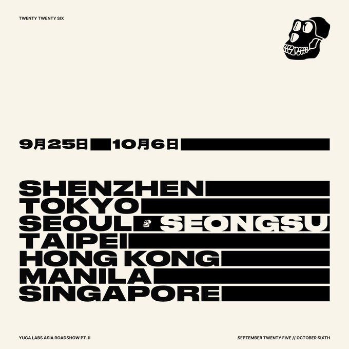 A promotional poster for Yuga Labs Asia Roadshow PT. II with the dates '9月25日 - 10月6日' and cities listed: SHENZHEN, TOKYO, SEOUL, TAIPEI, HONG KONG, MANILA, SINGAPORE, featuring a skull graphic and the text 'TWENTY TWENTY SIX'.