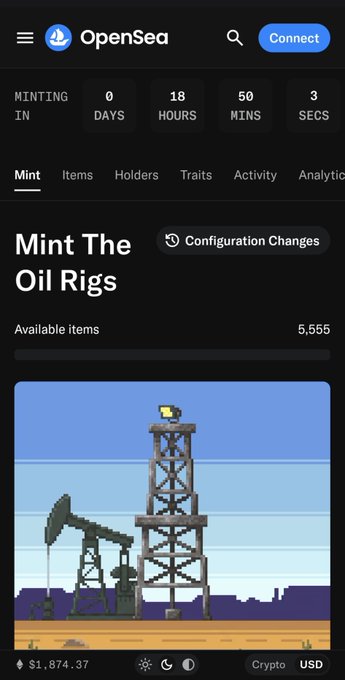 A screenshot of the OpenSea NFT collection page for "Mint The Oil Rigs" shows a minting countdown of 18 hours, 50 minutes, and 3 seconds remaining, with 5,555 available items displayed at $1,874.37. The page features pixel art of an oil rig and pumpjack, aligning with the post's announcement that the minting event is imminent in under 19 hours.