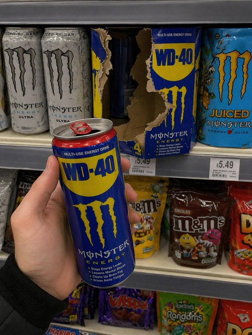 A humorous product shot shows a hand holding a Monster Energy drink can styled to look like a WD-40 can, displayed on a store shelf alongside actual Monster Energy varieties and M&M's candies.