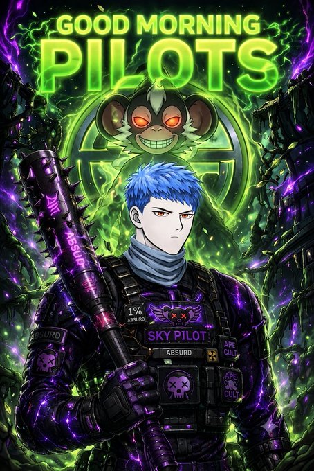 Anime-style illustration reading 'GOOD MORNING PILOTS' featuring a blue-haired character in purple tactical gear labeled 'SKY PILOT' and 'ABSURD', with a menacing cartoon figure behind them amid green and purple energy.