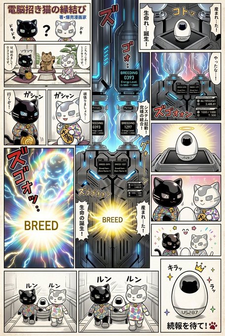 A multi-panel Japanese manga comic depicting cats using a sci-fi 'BREEDING 0393' machine, with text reading 'BREED', 'GO', 'エネルギー', and '続報を待て!' (await further updates).