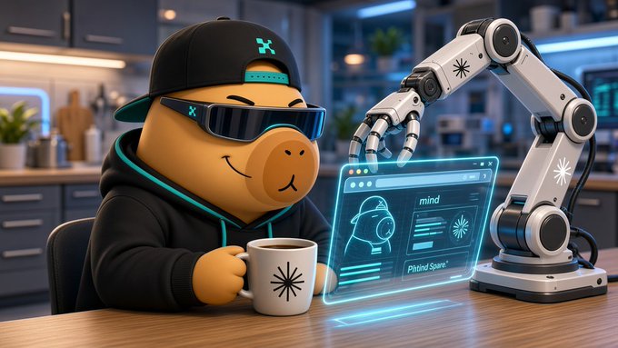 A 3D-rendered cartoon bear character wearing a black cap, sunglasses, and a hoodie sits at a desk with a coffee mug, while a robotic arm interacts with a holographic screen displaying a profile labeled 'mind' and 'Printed Spora'.