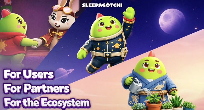 A promotional graphic for "SLEEPAGOTCHI" featuring cartoon green characters in various costumes (astronaut, gardener) with the text "For Users, For Partners, For the Ecosystem."